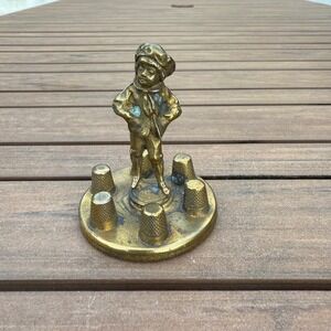 Vintage Brass Thimble Holder Figurine Boy Sewing Collectible‎ Display Decor